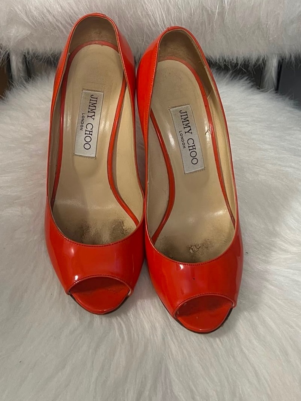 Jimmy Choo Bright Orange Patent Peep-Toe Pumps